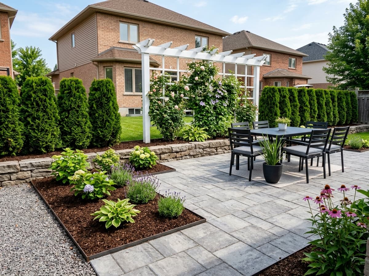 Backyard patio and garden pergola in Ottawa cleared of overgrowth with clean stone pavers and fresh mulch beds