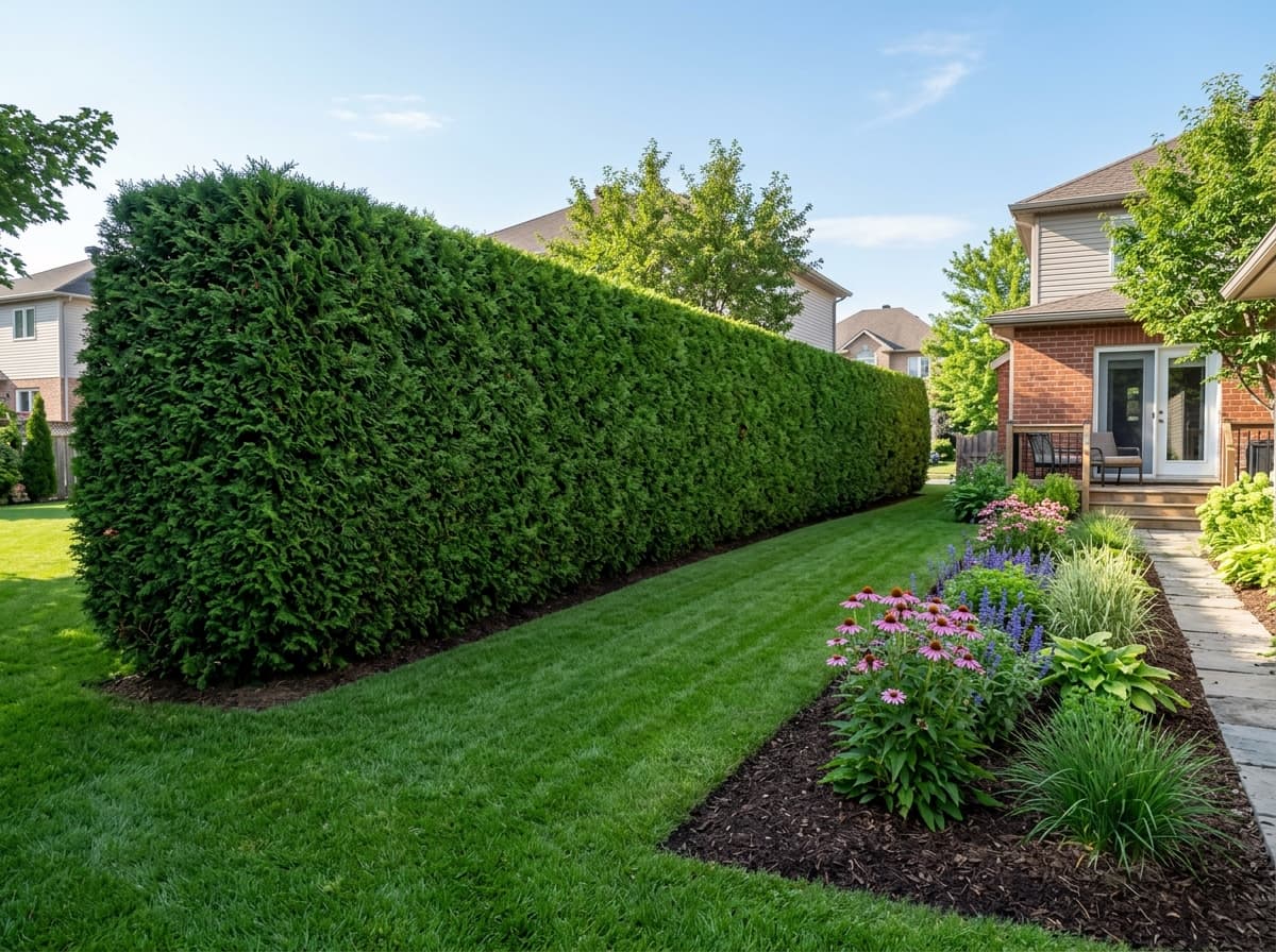 Tall Eastern white cedar privacy hedge precisely trimmed flat and square in an Ottawa residential yard