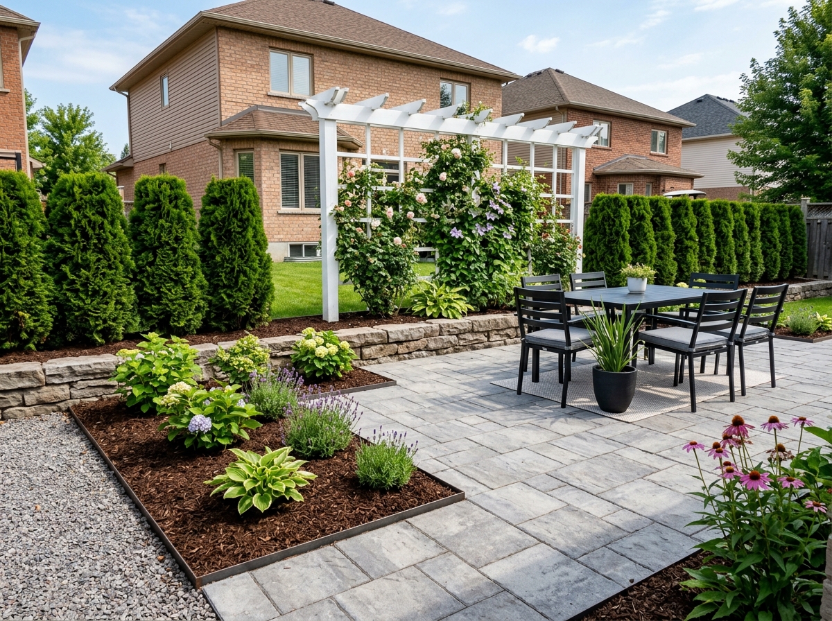 Backyard patio and garden pergola in Ottawa cleared of overgrowth with clean stone pavers and fresh mulch beds