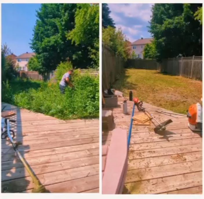 Spring cleanup in progress on an Ottawa lawn with debris being cleared from garden beds